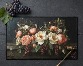 Dark Floral Doormat | Vintage Still Life Welcome Mat | Peony and Grape Rug | Moody Botanical Decor | Wine Lover Gift | Elegant Door Mat