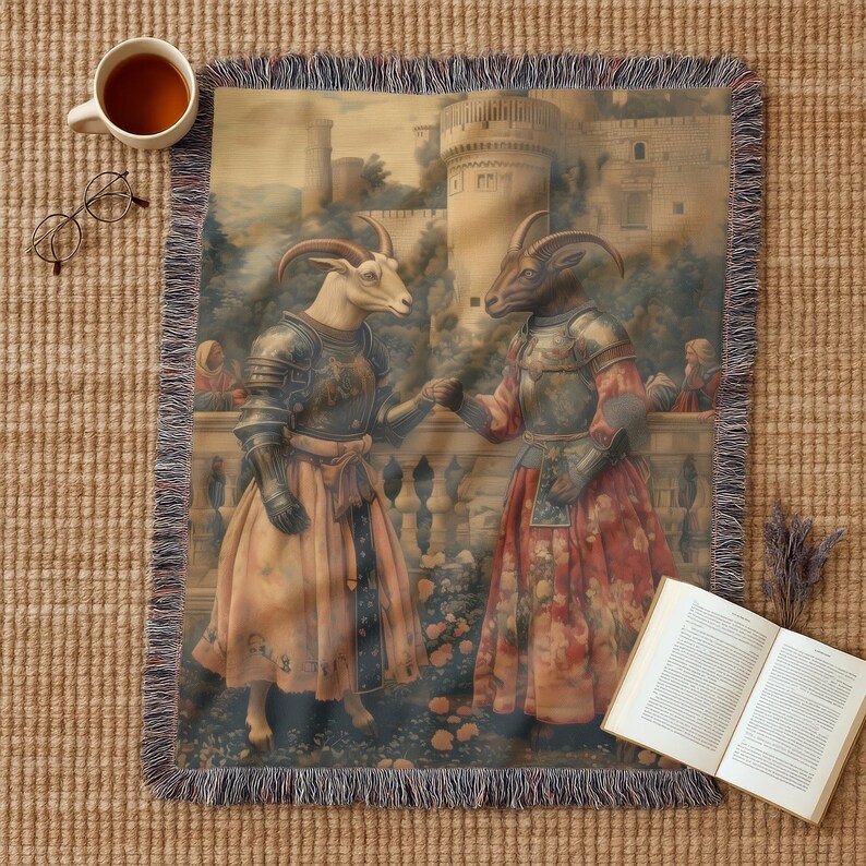 Woven blanket showing two goats in medieval armor and gowns on a castle terrace, surrounded by flowers and historical fantasy scenery