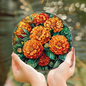 October Birth Flower Marigold Stained Glass Suncatcher | Orange Floral Window Hanging | Fall Gift