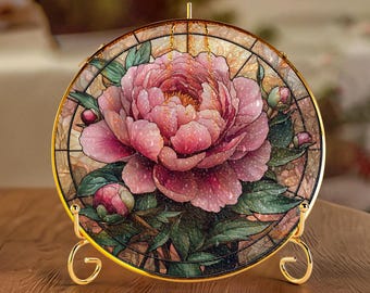Peony Stained Glass Suncatcher - Pink Peony Window Hanging - Peony Gift - Floral Home Decor - Cottagecore Decor - Flower Sun Catcher