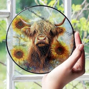 Highland Cow and Sunflowers Stained Glass Sun catcher – Round Window Hanging, Rustic Farmhouse Decor, Cow Lovers gift - Father&#39;s Day Gift
