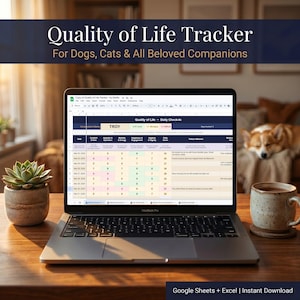 Peut inclure: Un ordinateur portable affiche une feuille de calcul "Quality of Life Tracker" pour animaux de compagnie. L'écran montre un tableau de contrôle quotidien avec des entrées de données. Un texte dit "Pour chiens, chats et tous les compagnons bien-aimés".