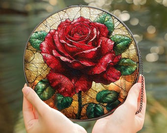 Red Rose Stained Glass Suncatcher: Romantic Floral Window Art