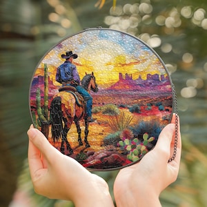 Cowboy Sunset Suncatcher | Stained Glass Window Hanging | Western Decor | Desert Horse Sun Catcher | Rustic Prairie Gift