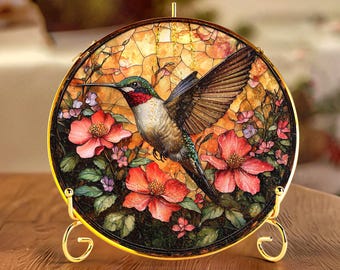 Hummingbird Stained Glass Suncatcher - Ruby Throated Hummingbird Window Hanging - Hummingbird Gift - Bird Lover Gift - Floral Sun Catcher