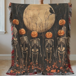 Gothic Halloween Blanket: Pumpkin Skeleton Parade Woven Throw