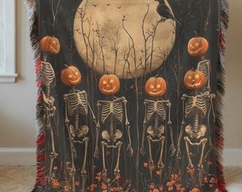 Pumpkin Skeleton Parade Woven Blanket, Funny Gothic Halloween Throw, Spooky Gift, Folk Horror Tapestry, Witchy Decor, Skeleton Gift