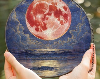 Strawberry Moon Suncatcher: Stained Glass Ocean Night Window Hanging