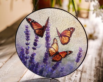Monarch Butterfly Stained Glass Suncatcher: Lavender Garden Window Hanging