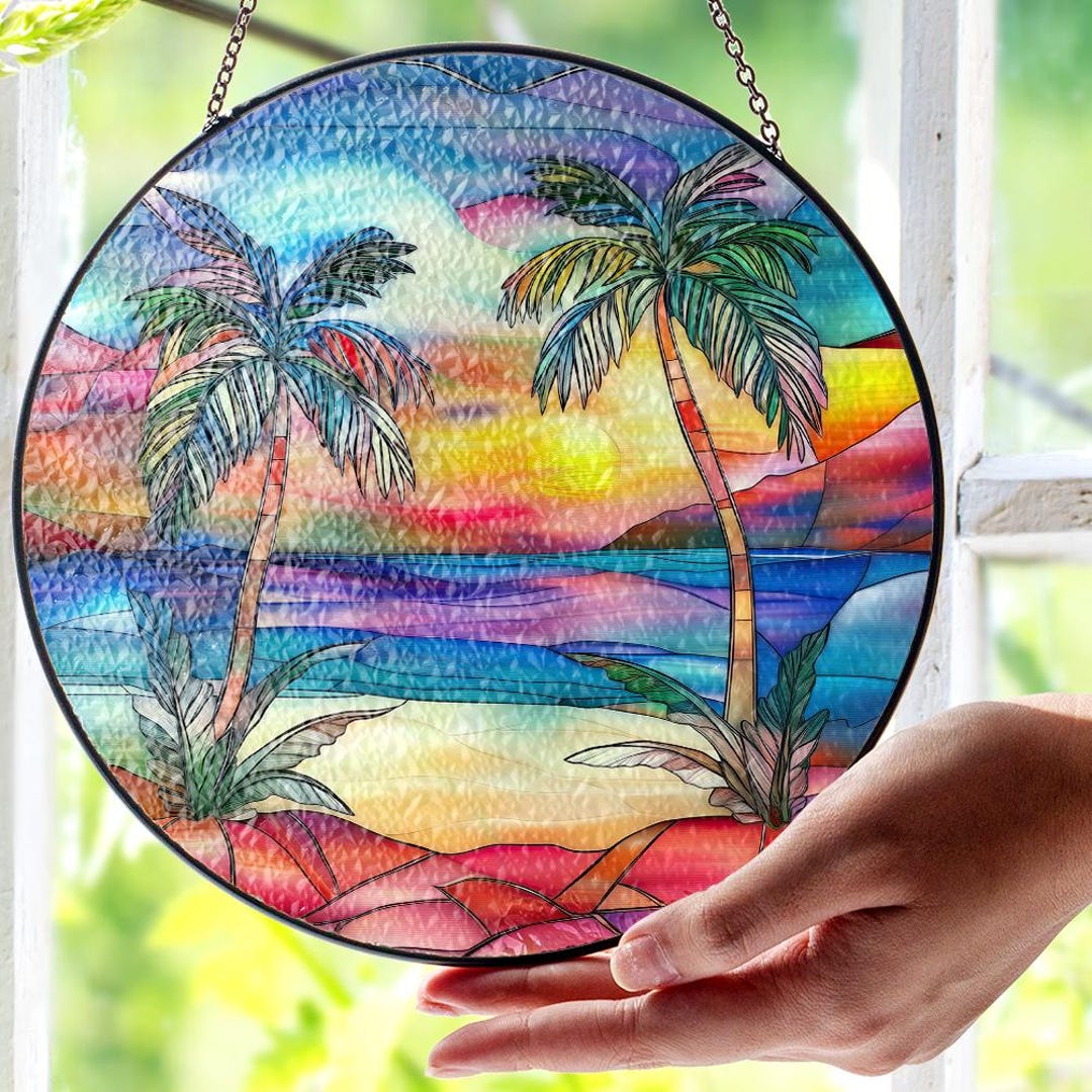 Tropical Palm Tree Stained Glass Suncatcher: Beach Sunset Window ...