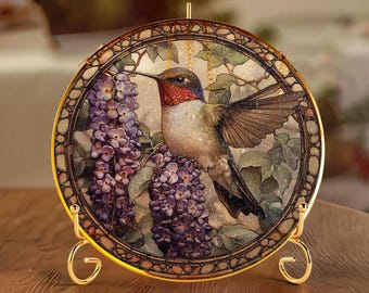 Hummingbird Stained Glass Suncatcher - Hummingbird Wisteria Window Hanging - Hummingbird Gift - Purple Decor - Bird Lover Gift
