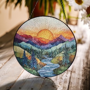 Mountain Landscape Stained Glass Suncatcher: Window Art Decor