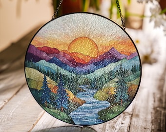 Mountain Landscape Stained Glass Suncatcher: Window Art Decor