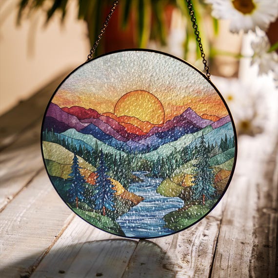 Mountain Landscape Stained Glass Suncatcher: Window Art Decor