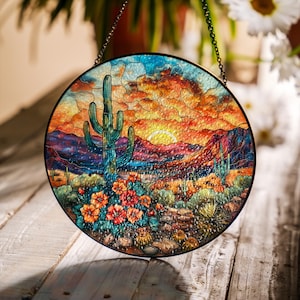 Desert Sunset Cactus Suncatcher | Stained Glass Window Hanging | Southwestern Sun Catcher | Boho Desert Decor | Mountain Gift