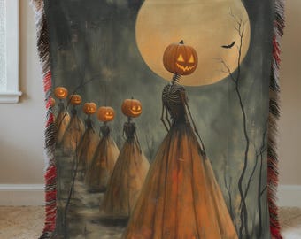 Pumpkin Skeleton Woven Blanket, Gothic Halloween Throw, Folk Horror Tapestry, Witchy Home Decor, Dark Academia Gift, Halloween Wall Art