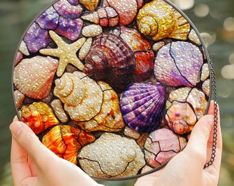 Apanhador de Sol em Vitral com Conchas | Arte de Janela com Decoração de Praia | Presente de Decoração com Conchas Inspirado no Oceano