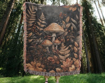 Manta tejida Bosque de Setas, Manta decorativa estilo Cottagecore, Regalo para amantes de las setas, Tapiz del bosque, Decoración Goblincore, Regalo de naturaleza otoñal