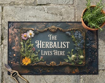Tapete de boas-vindas "O Herborista Mora Aqui" | Tapete de boas-vindas botânico escuro | Decoração de jardim místico | Tapete de entrada estilo casa de campo | Presente de ervas de boticário