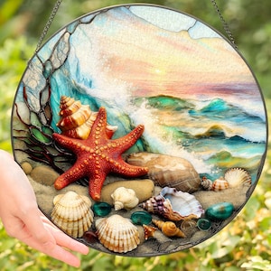 Starfish & Seashell Beach Suncatcher | Ocean Window Art Sun Catcher | Coastal Sunset Shoreline Decor Gift