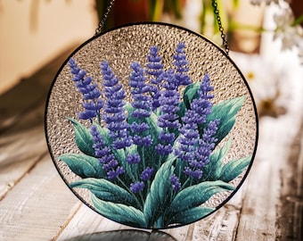 Lavender Stained Glass Suncatcher: Round Window Decor, Purple Flower