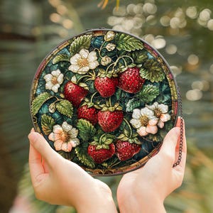Strawberry Stained Glass Suncatcher | Vintage Fruit Window Art | Cottagecore Botanical Gift Sun Catcher