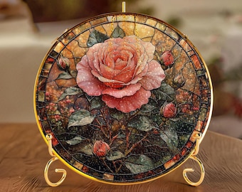 June Birth Flower Suncatcher - Rose Stained Glass - June Birthday Gift - Birth Month Flower Decor - Window or Shelf Display