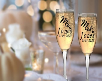 Etched Mr. and Mrs. Wedding Champagne Flutes, Personalized Toasting Glasses (Set of 2)