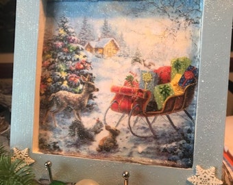 Framed  decoupaged art table sign winter sleigh