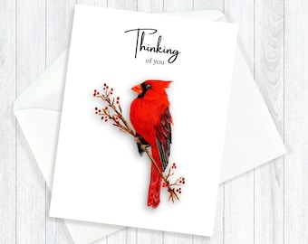 carte de correspondance cardinale | Cardinal pensant à vous | Impressions giclées acryliques | Cartes de voeux | Papeterie maison