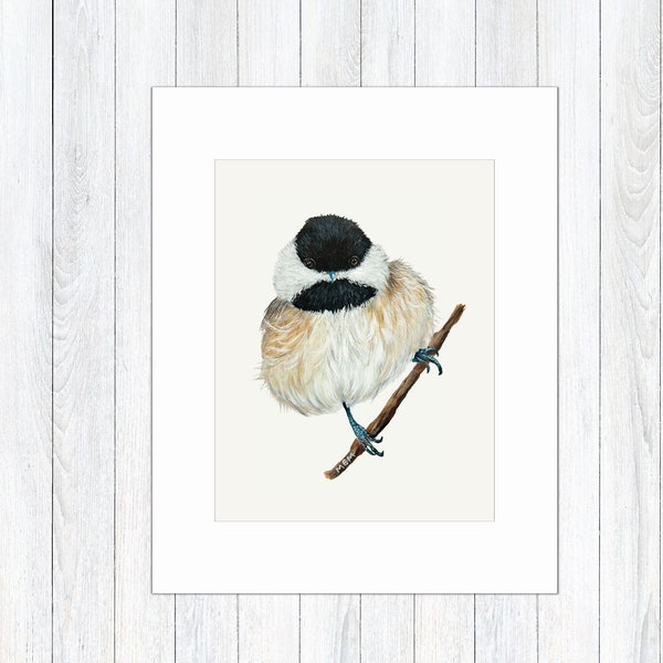 Chickadee Painting on Mixed Media Paper with 8 x 10 Mat, Original Acrylic Painting,  UNFRAMED,  Bird Painting, Black Capped Chickadee Art