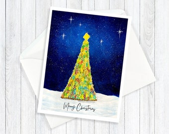 Christmas Card Set or Individual | Holiday Card Pack | Homemade Greeting Cards | Giclee Print | Colourful Christmas Tree