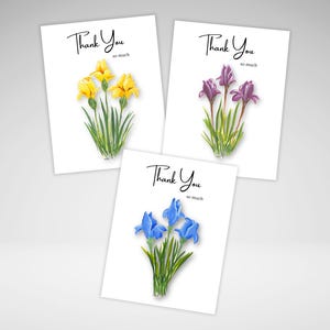 Joli ensemble de cartes de remerciement iris ou individuellement, cartes de voeux florales de remerciement avec fleurs d'iris, impressions de peinture acrylique, papeterie fabriquée au Canada