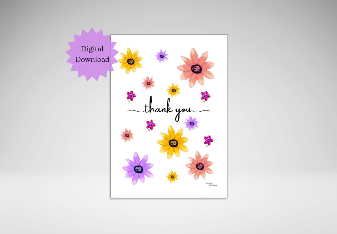 Printable Floral Thank You Card, Digital Thank You Greeting Card ...