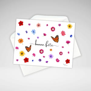 Butterfly Birthday Card Individual or Set, Bonne Fête, Carte de Fête, Floral Happy Birthday Card, Flowers and Butterflies, Homemade Cards