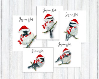 Chickadee Christmas Card Set, Joyeux Noël,  Customizable Holiday Card Pack,  Holiday Chickadee Greeting Cards, Homemade Stationery,