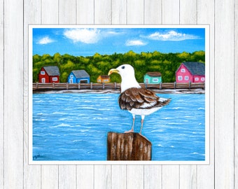 Seagull and Shanty PRINT, Acrylic Giclee Seagull Art, Folk Art Painting, Nova Scotia Art, Coastal Wall Decor, Bird Wall Print