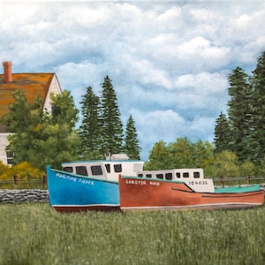 Lobster Boat PRINT,  Nova Scotia Old Fishing Boat Print, Acrylic Painting Print, Nautical Maritime Art Print, Canadian Artist, Coastal Print