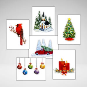 Lot de 6 ou 12 cartes de Noël, lot de cartes de vœux traditionnelles faites maison, impressions de peinture acrylique, cartes-cadeaux de Noël avec enveloppe