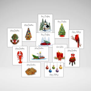 Maritime Christmas Card Set | Coastal Holiday Cards Featuring Lobster, Boat, Buoy Tree, Red Truck, Wreath & More | East Coast Greeting Cards