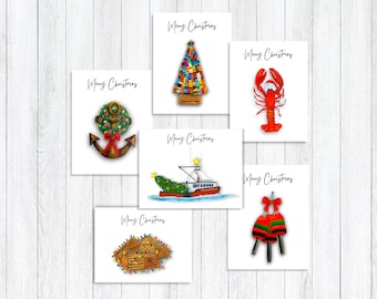 Nautical Christmas Card set of 6 or 12, Customizable Holiday Card Pack, Nova Scotia Cards, Homemade Stationery,