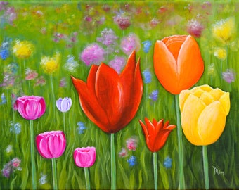 Tulip Painting, Original Acrylic Floral Painting, Tulip Art, Wildflower Painting, 11 x 14 on canvas,  Floral Wall Art, Flower Painting