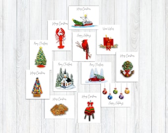 Christmas Card Set of 12, Handmade Holiday Greeting Card Pack, Mix and Match Nautical and Traditional,