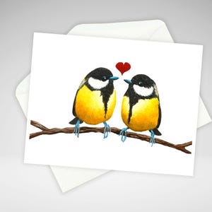 Carte d'amour oiseaux, jolie carte d'anniversaire pour lui, jolie carte d'amour pour elle, oiseaux jaunes sur une branche, impression peinte à l'acrylique, carte faite maison