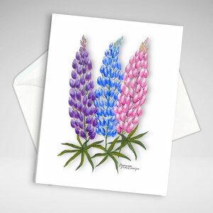 carte de correspondance de lupin | Carte de voeux florale toute occasion | Individuel ou ensemble | Impressions de peinture acrylique | Papeterie maison | Oeuvre d'art Lupin