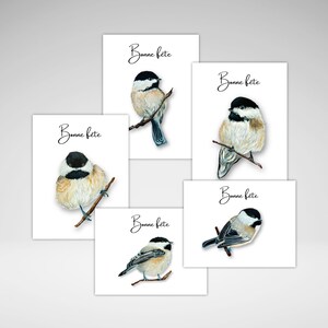 French Chickadee Birthday Card Individual or Set, Personalization Optional , Acrylic Painting Bird Prints,  French Birthday Greeting Card