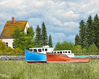 Peinture de bateau de homard de la Nouvelle-Écosse, art maritime acrylique original, paysage 12 x 16 sur toile tendue | Art mural nautique
