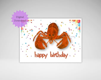 Lobster Birthday Card Printable, Happy Birthday Lobster Greeting Card Digital Download, Acrylic Painting Print, Canadian Artist