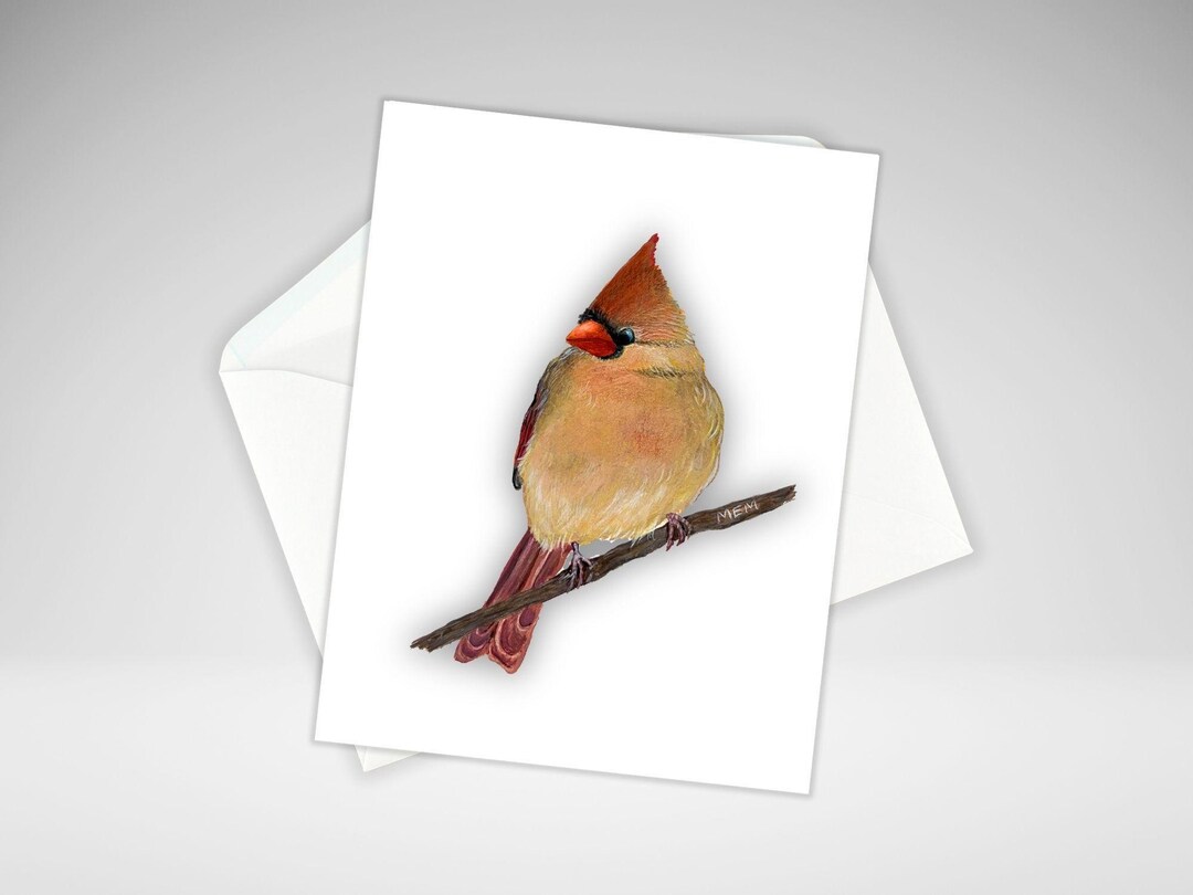 Female Cardinal Note Card: Acrylic Painting Print, Handmade Stationery ...
