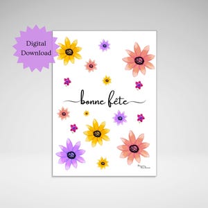 Carte d'anniversaire française imprimable, Bonne Fête, carte d'anniversaire florale numérique, carte de voeux à téléchargement immédiat, carte d'anniversaire imprimée et découpée,